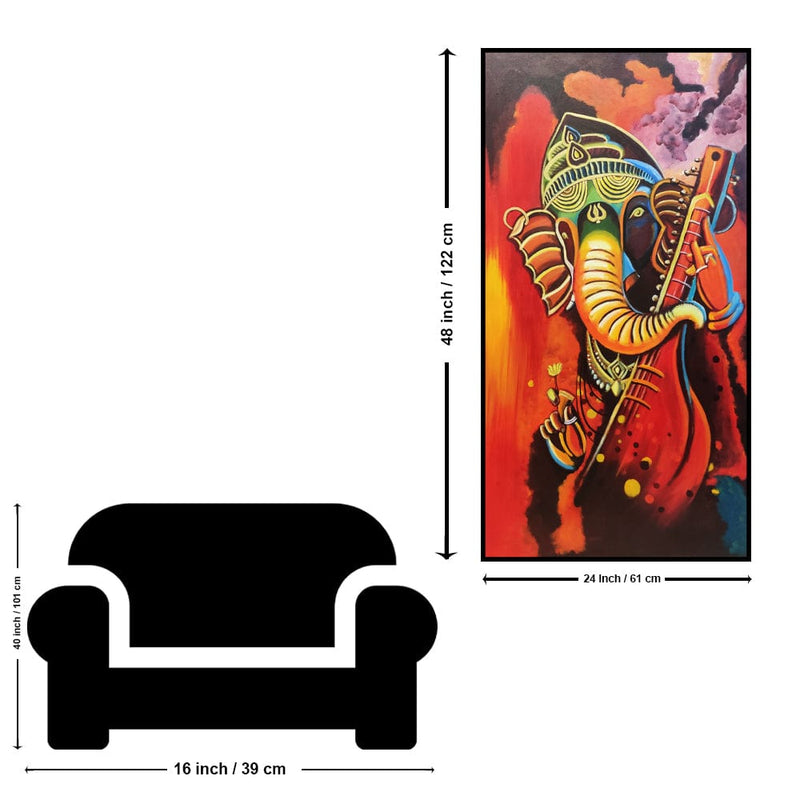 DecorGlance HAND PAINTING Handmade 3D Look Ganesha Playing Sitar Abstract Canvas Wall Painting (Acrylic Color)