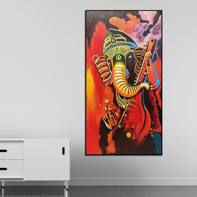 DecorGlance HAND PAINTING Handmade 3D Look Ganesha Playing Sitar Abstract Canvas Wall Painting (Acrylic Color)