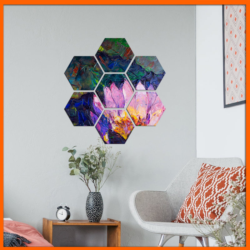 DecorGlance Hexagonal painting Oil Color Lotus Hexagonal Canvas Wall Painting - 7pcs
