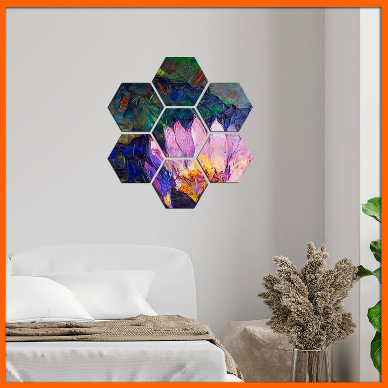 DecorGlance Hexagonal painting Oil Color Lotus Hexagonal Canvas Wall Painting - 7pcs