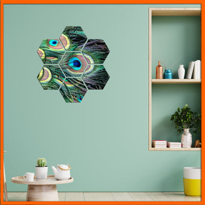 DecorGlance Hexagonal painting Peacock Feather Hexagonal Canvas Wall Painting - 7pcs