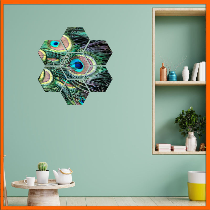DecorGlance Hexagonal painting Peacock Feather Hexagonal Canvas Wall Painting - 7pcs