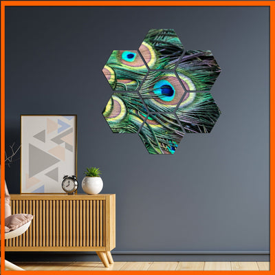 DecorGlance Hexagonal painting Peacock Feather Hexagonal Canvas Wall Painting - 7pcs