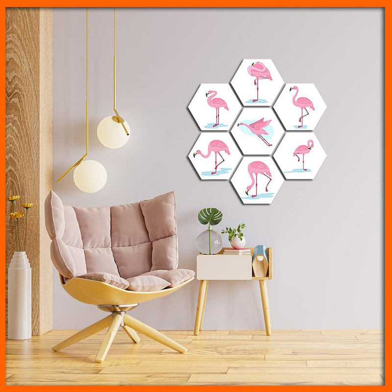 DecorGlance Hexagonal painting Pink Flamingos Hexagonal Canvas Wall Painting - 7pcs