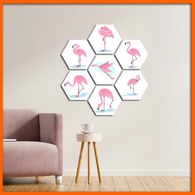 DecorGlance Hexagonal painting Pink Flamingos Hexagonal Canvas Wall Painting - 7pcs