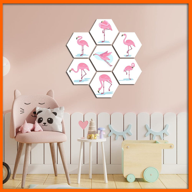 DecorGlance Hexagonal painting Pink Flamingos Hexagonal Canvas Wall Painting - 7pcs