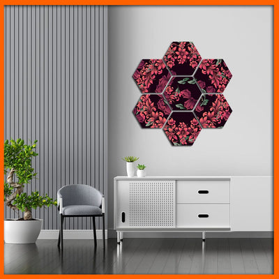 DecorGlance Hexagonal painting Pink Flower Hexagonal Canvas Wall Painting - 7pcs