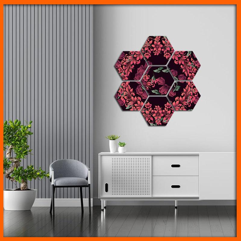 DecorGlance Hexagonal painting Pink Flower Hexagonal Canvas Wall Painting - 7pcs