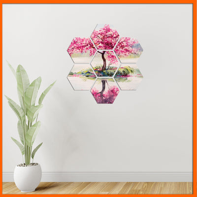 DecorGlance Hexagonal painting Pink Tree Abstract Hexagonal Canvas Wall Painting - 7pcs