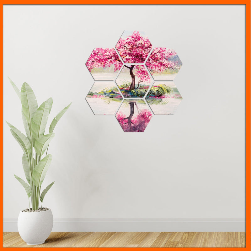 DecorGlance Hexagonal painting Pink Tree Abstract Hexagonal Canvas Wall Painting - 7pcs