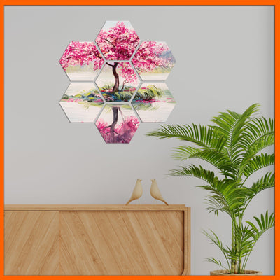 DecorGlance Hexagonal painting Pink Tree Abstract Hexagonal Canvas Wall Painting - 7pcs
