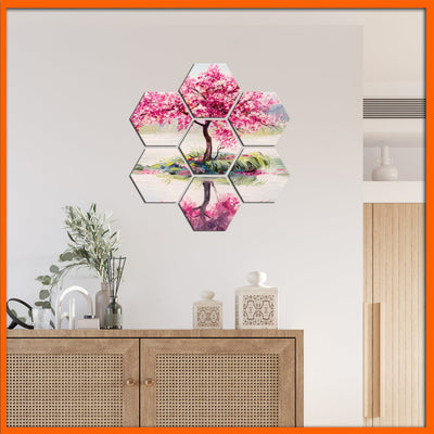 DecorGlance Hexagonal painting Pink Tree Abstract Hexagonal Canvas Wall Painting - 7pcs