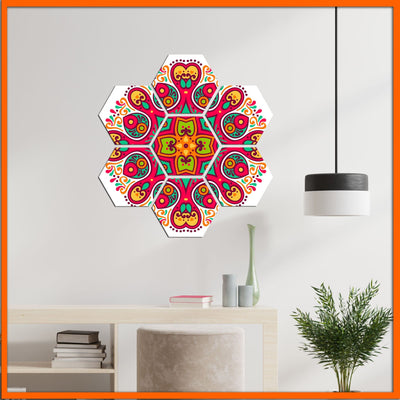 DecorGlance Hexagonal painting Red Flower Pattern Hexagonal Canvas Wall Painting - 7 pcs