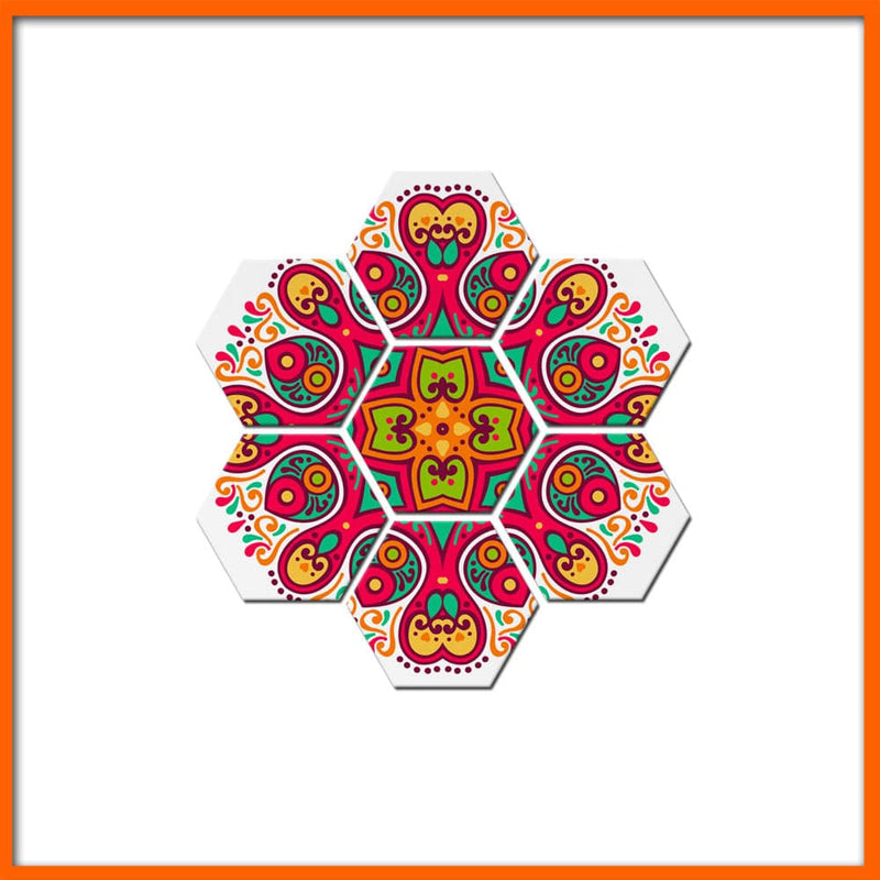 DecorGlance Hexagonal painting Red Flower Pattern Hexagonal Canvas Wall Painting - 7 pcs