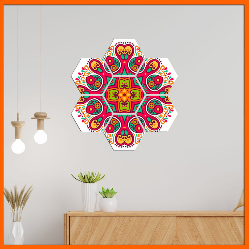 DecorGlance Hexagonal painting Red Flower Pattern Hexagonal Canvas Wall Painting - 7 pcs