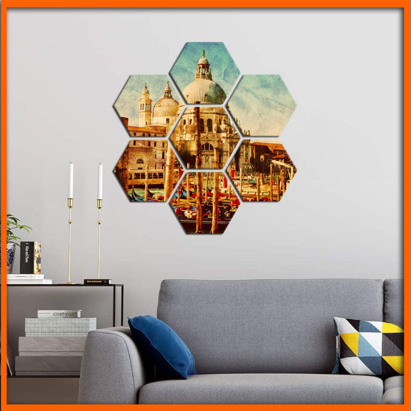 DecorGlance Hexagonal painting Retro Vintage Hexagonal Canvas Wall Painting - 7pcs
