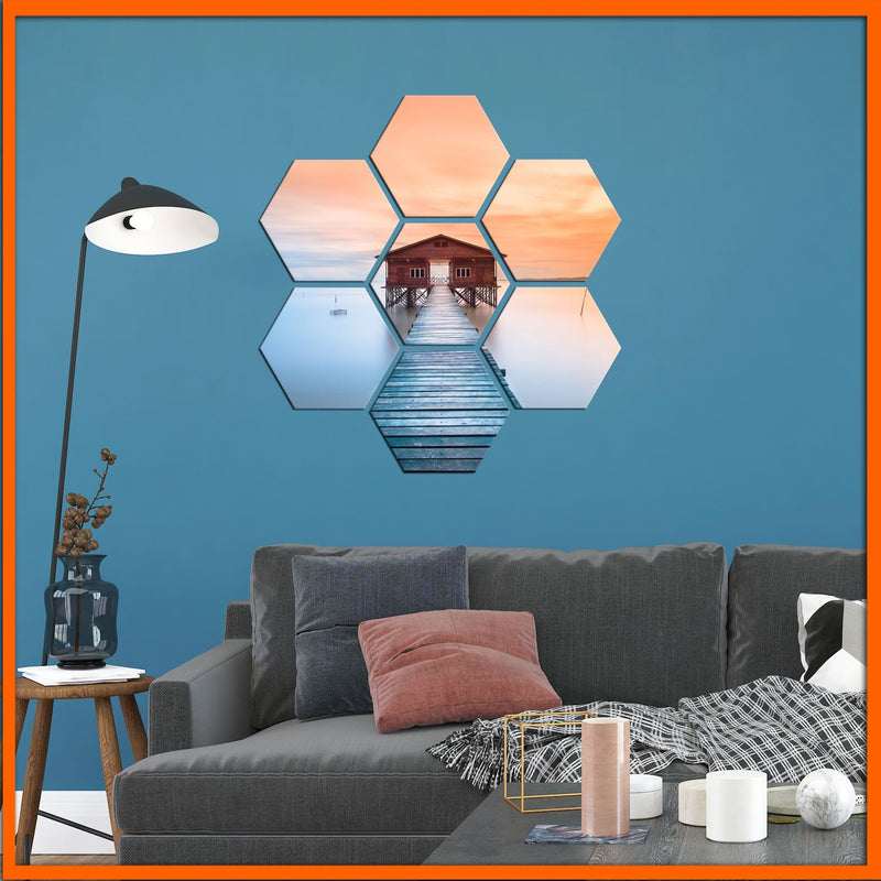 DecorGlance Hexagonal painting Seaside Bridge In Sunset Hexagonal Canvas Wall Painting - 7pcs
