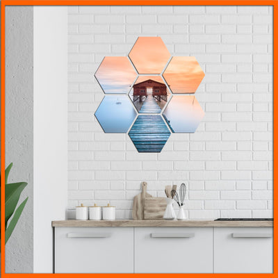 DecorGlance Hexagonal painting Seaside Bridge In Sunset Hexagonal Canvas Wall Painting - 7pcs