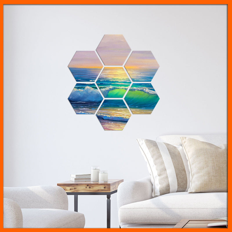 DecorGlance Hexagonal painting Sunset Sky & Waves Hexagonal Canvas Wall Painting - 7pcs