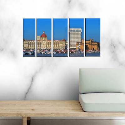 decorglance Home & Garden > Decor > Artwork > Posters, Prints, & Visual Artwork Panel Painitngs Panoramic View Of Hotel Taj Canvas Wall Painting- With 5 Panel