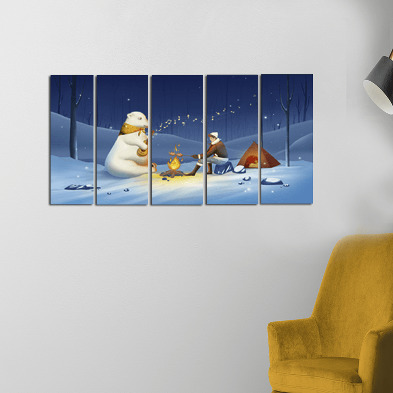 decorglance Home & Garden > Decor > Artwork > Posters, Prints, & Visual Artwork Panel Paintings Polar Bear Playing Guitar In Snow Night Canvas Wall Painting - With 5 Panel