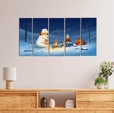 decorglance Home & Garden > Decor > Artwork > Posters, Prints, & Visual Artwork Panel Paintings Polar Bear Playing Guitar In Snow Night Canvas Wall Painting - With 5 Panel