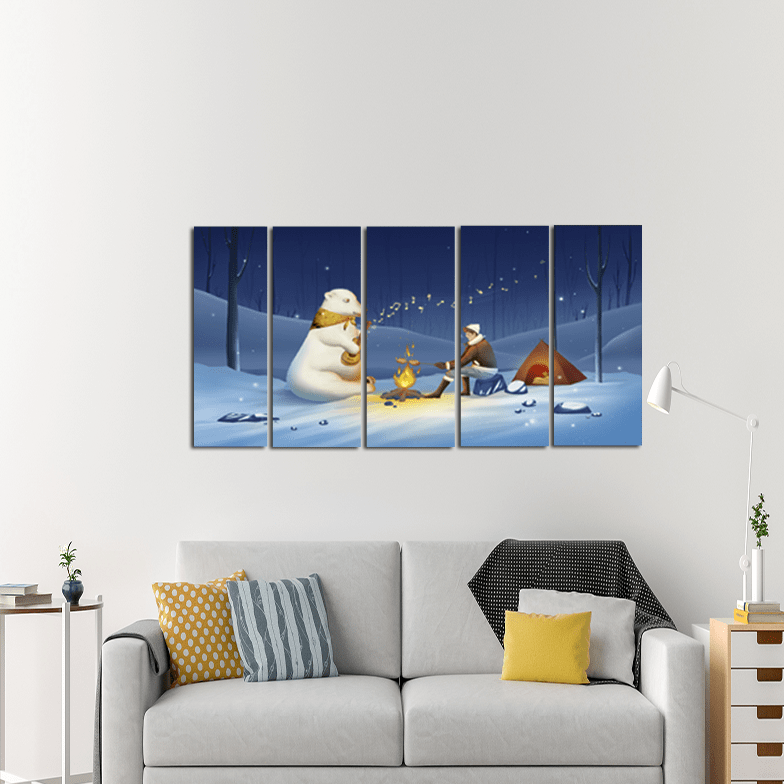 decorglance Home & Garden > Decor > Artwork > Posters, Prints, & Visual Artwork Panel Paintings Polar Bear Playing Guitar In Snow Night Canvas Wall Painting - With 5 Panel