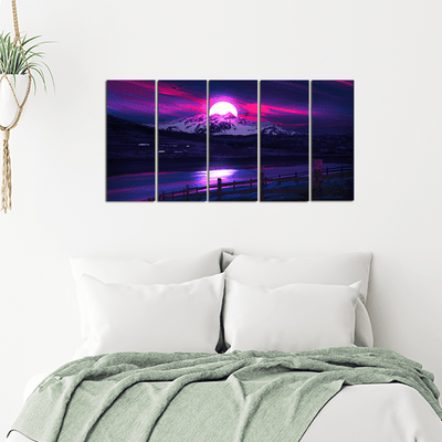 decorglance Home & Garden > Decor > Artwork > Posters, Prints, & Visual Artwork Panel Paintings Purple River & Moon Scenery Wall Painting - With 5 Panel