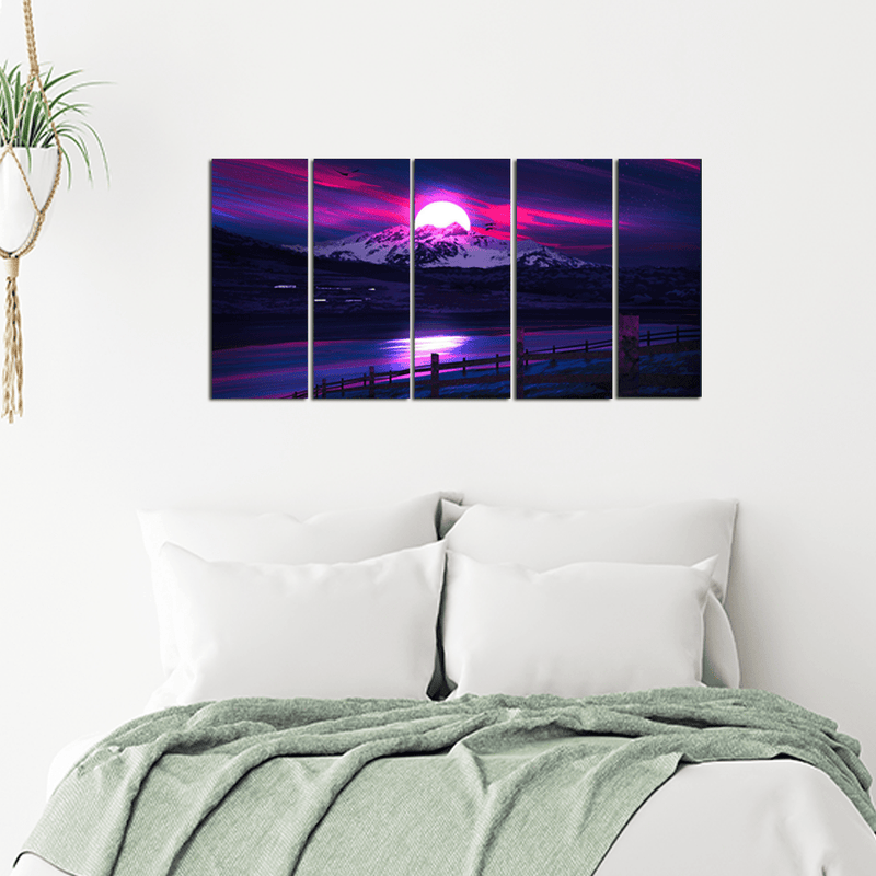 decorglance Home & Garden > Decor > Artwork > Posters, Prints, & Visual Artwork Panel Paintings Purple River & Moon Scenery Wall Painting - With 5 Panel