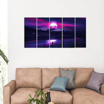 decorglance Home & Garden > Decor > Artwork > Posters, Prints, & Visual Artwork Panel Paintings Purple River & Moon Scenery Wall Painting - With 5 Panel