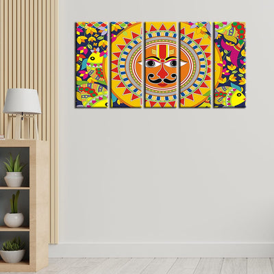 decorglance Home & Garden > Decor > Artwork > Posters, Prints, & Visual Artwork Panel Painting Sun In Madhubani Pattern Canvas Wall Painting- With 5 Frames