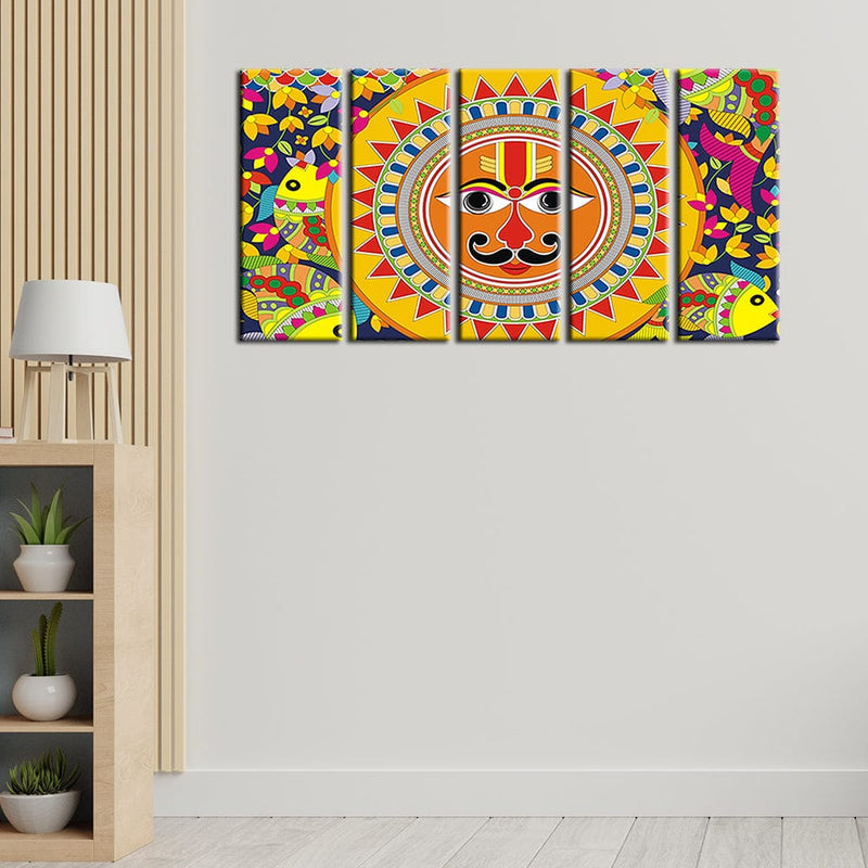 decorglance Home & Garden > Decor > Artwork > Posters, Prints, & Visual Artwork Panel Painting Sun In Madhubani Pattern Canvas Wall Painting- With 5 Frames