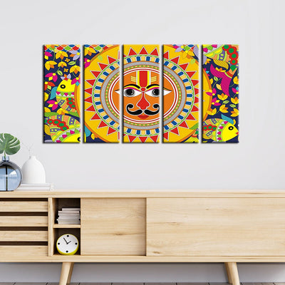 decorglance Home & Garden > Decor > Artwork > Posters, Prints, & Visual Artwork Panel Painting Sun In Madhubani Pattern Canvas Wall Painting- With 5 Frames