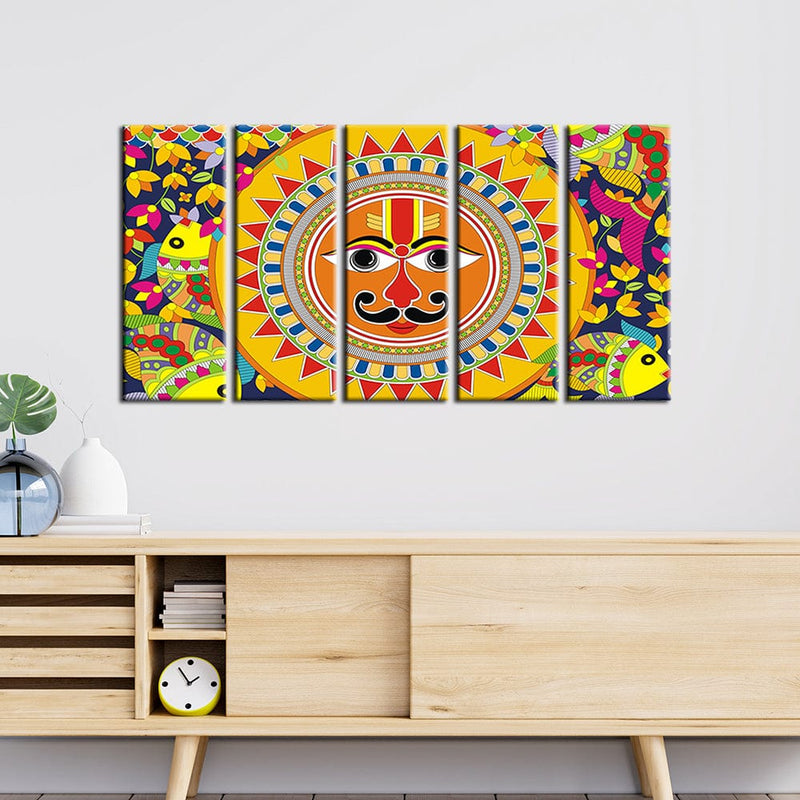decorglance Home & Garden > Decor > Artwork > Posters, Prints, & Visual Artwork Panel Painting Sun In Madhubani Pattern Canvas Wall Painting- With 5 Frames