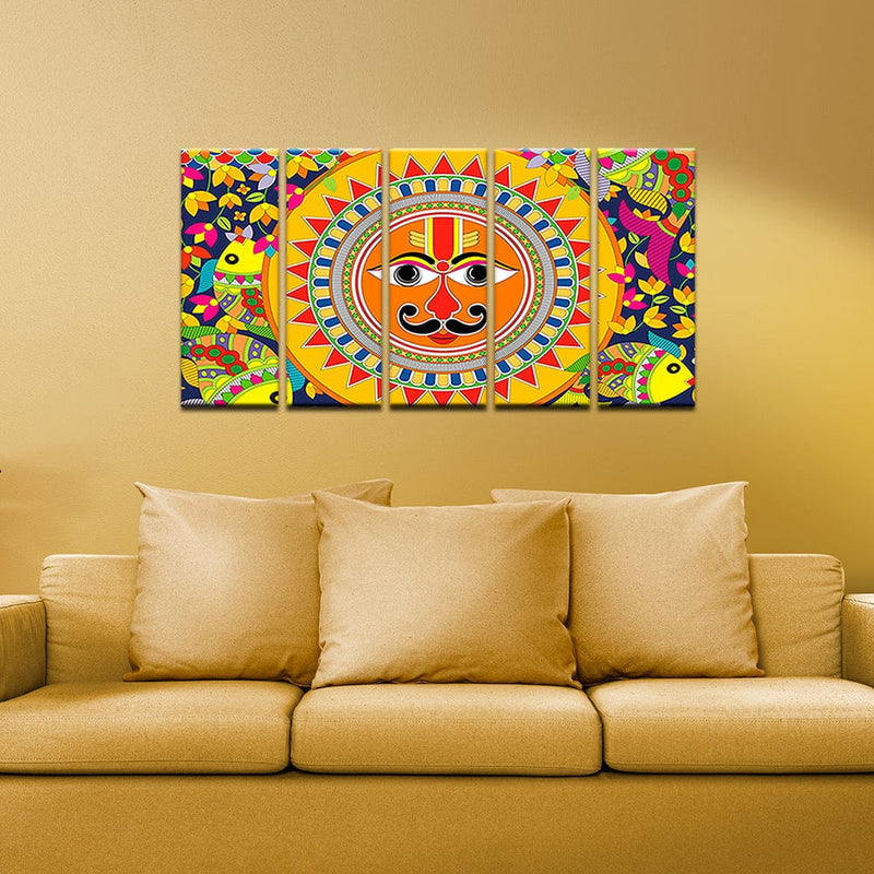 decorglance Home & Garden > Decor > Artwork > Posters, Prints, & Visual Artwork Panel Painting Sun In Madhubani Pattern Canvas Wall Painting- With 5 Frames