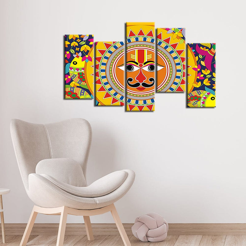 decorglance Home & Garden > Decor > Artwork > Posters, Prints, & Visual Artwork Sun In Madhubani Pattern Canvas Wall Paintings - With 5 Panel