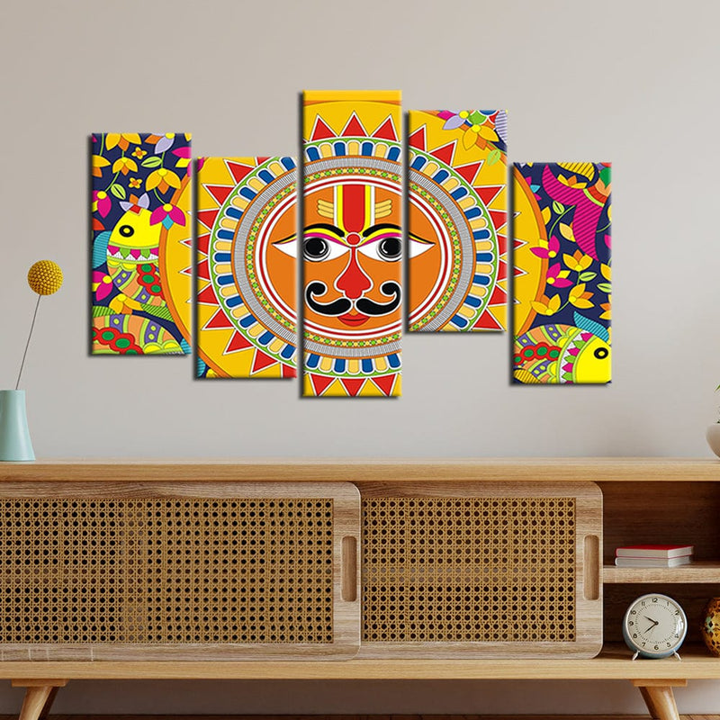decorglance Home & Garden > Decor > Artwork > Posters, Prints, & Visual Artwork Sun In Madhubani Pattern Canvas Wall Paintings - With 5 Panel