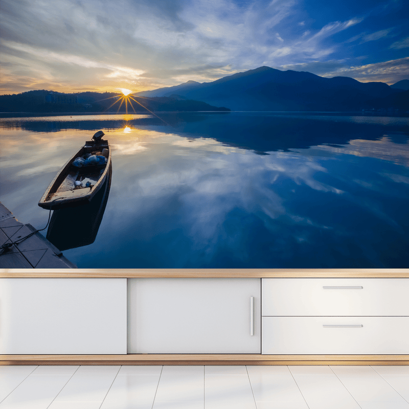 DECORGLANCE Home & Garden > Decor > Artwork > Posters, Prints, & Visual Artwork Sunset And Boat Wallpaper