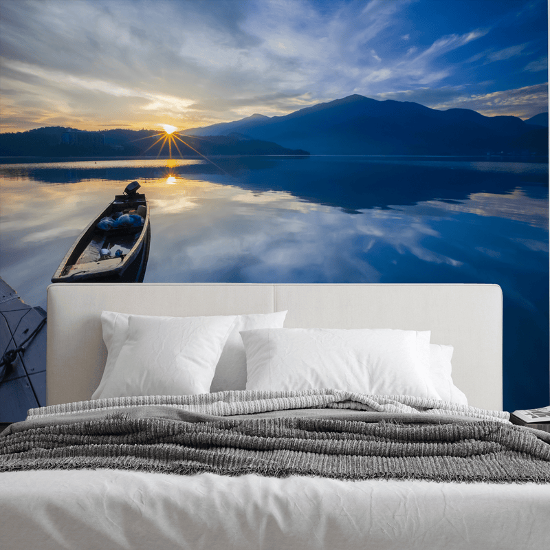 DECORGLANCE Home & Garden > Decor > Artwork > Posters, Prints, & Visual Artwork Sunset And Boat Wallpaper