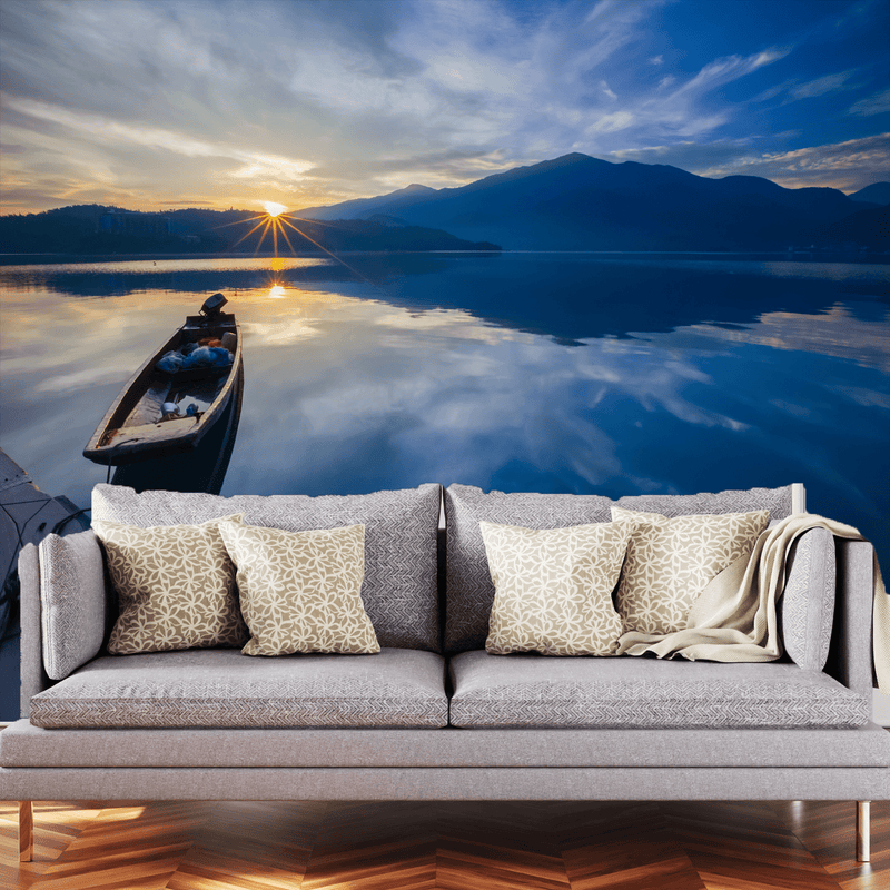 DECORGLANCE Home & Garden > Decor > Artwork > Posters, Prints, & Visual Artwork Sunset And Boat Wallpaper