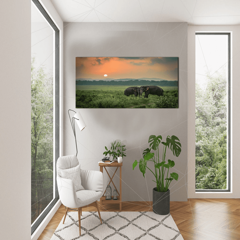 decorglance Home & Garden > Decor > Artwork > Posters, Prints, & Visual Artwork Sunset With Elephant Canvas Wall Painting