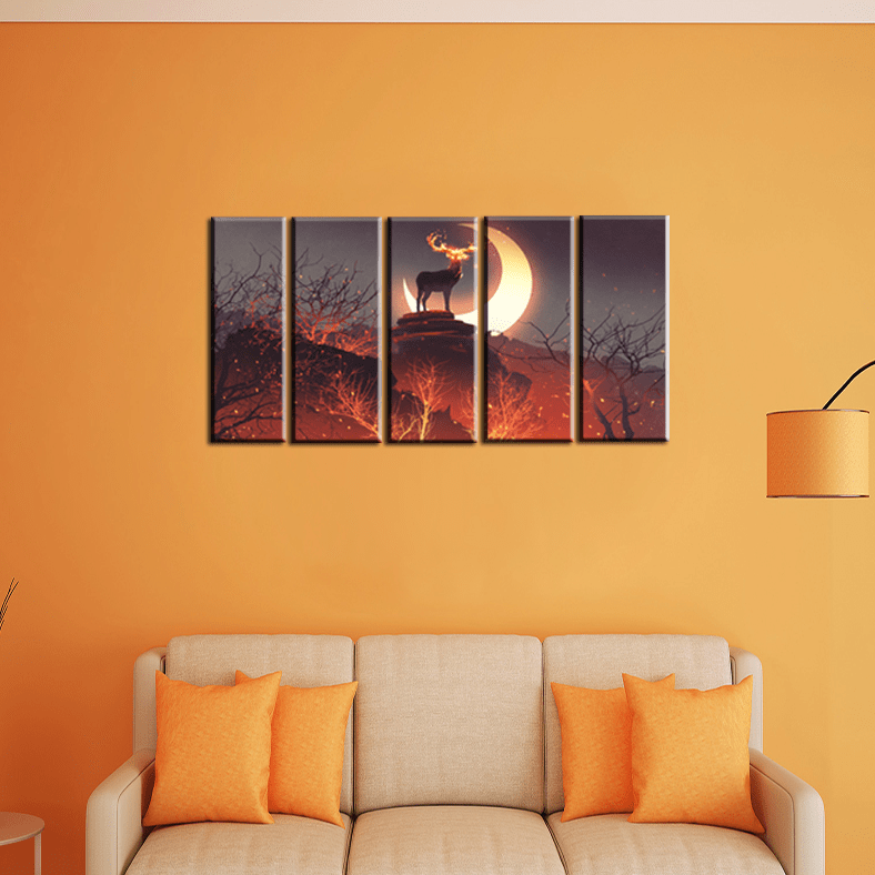 decorglance Home & Garden > Decor > Artwork > Posters, Prints, & Visual Artwork Panel Paintings The Deer Standing in Forest Canvas Wall Painting - With 5 Panel