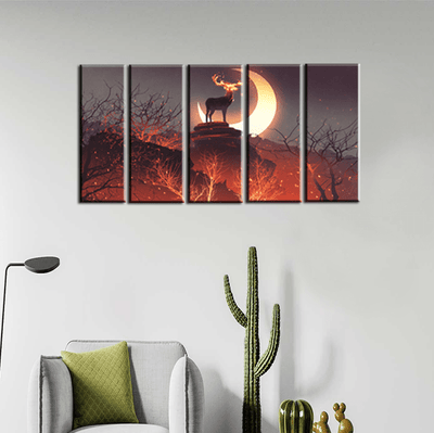 decorglance Home & Garden > Decor > Artwork > Posters, Prints, & Visual Artwork Panel Paintings The Deer Standing in Forest Canvas Wall Painting - With 5 Panel