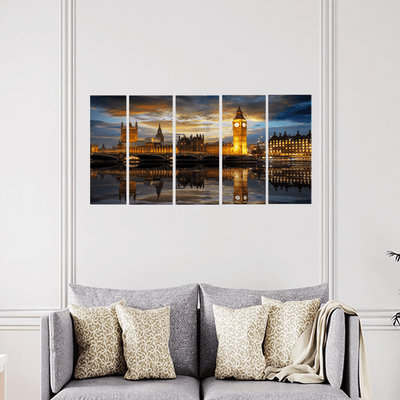 decorglance Home & Garden > Decor > Artwork > Posters, Prints, & Visual Artwork Panel Paintings The Westminster Palace & River In London Canvas Wall Painting - With 5 Panel