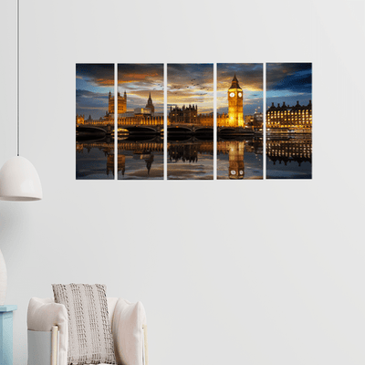 decorglance Home & Garden > Decor > Artwork > Posters, Prints, & Visual Artwork Panel Paintings The Westminster Palace & River In London Canvas Wall Painting - With 5 Panel
