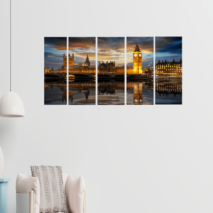 decorglance Home & Garden > Decor > Artwork > Posters, Prints, & Visual Artwork Panel Paintings The Westminster Palace & River In London Canvas Wall Painting - With 5 Panel