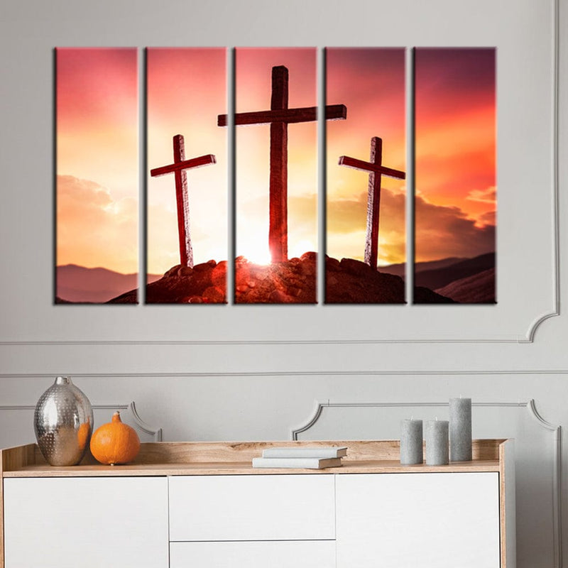 decorglance Home & Garden > Decor > Artwork > Posters, Prints, & Visual Artwork Panel Painting Three Cross Christian Canvas Wall Painting- With 5 Frames