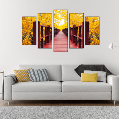 DECORGLANCE Home & Garden > Decor > Artwork > Posters, Prints, & Visual Artwork Timber Bridge Forest Canvas Wall Painting- With 5 Frames