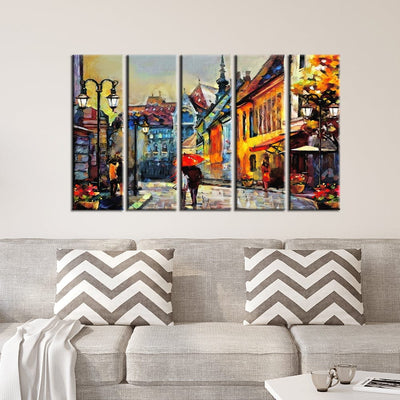 decorglance Home & Garden > Decor > Artwork > Posters, Prints, & Visual Artwork Panel Painting Town Street Artistic View Canvas Wall Painting- With 5 Frames