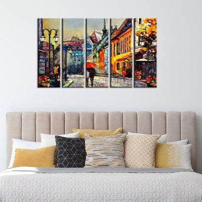 decorglance Home & Garden > Decor > Artwork > Posters, Prints, & Visual Artwork Panel Painting Town Street Artistic View Canvas Wall Painting- With 5 Frames